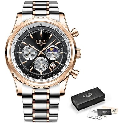 LIGE Nieuwe Herenhorloges Topmerk Luxe Heren Polshorloge Leer Quartz Horloge Sport Waterdicht Datum Chronograaf goud/zwart