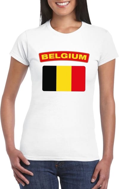 Vlag Belgie t-shirt - wit - met vlag van het land print - voor dames - korte mouwen - supporters S