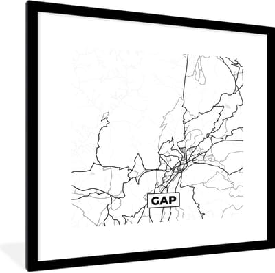 Fotolijst incl. Poster Zwart Wit- Frankrijk – Kaart – Gap - Plattegrond – Stadskaart - Zwart wit - 40x40 cm - Posterlijst
