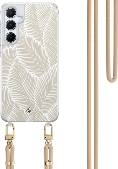 Casimoda® hoesje met koord - Geschikt voor Samsung A35 - Palm Leaves Beige - Afneembaar koord - TPU/polycarbonaat - Bruin/beige