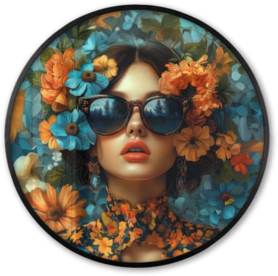 Poster in lijst Rond - Fotolijst 60x60 cm - Posters - Vrouw - Bloemen - Oranje - Blauw - Modern - Ronde posterlijst zwart - Decoratie - Wanddecoratie woonkamer - Muurdecoratie slaapkamer