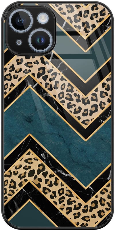 Hoesje geschikt voor iPhone 14 - Luipaard zigzag - Luxe Glazen Hardcase - Luipaardprint - Multi - Leuke Telefoonhoesjes