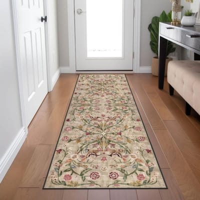Tapis Turc Traditionnel Floral Boho Chic Lavable Antidérapant Grand Tapis à Zone Usée pour Décoration de Salon Chambre à Coucher 60*90cm