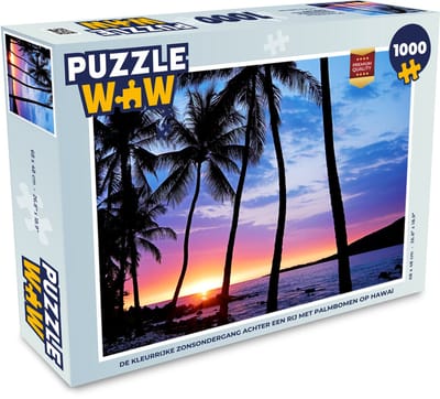 Puzzel De kleurrijke zonsondergang achter een rij met palmbomen op Hawaï - Legpuzzel - Puzzel 1000 stukjes volwassenen