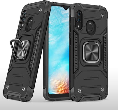 Hoesje Geschikt Voor Samsung Galaxy A01 Core Hoesje - Heavy Duty Armor hoesje Zwart silicone TPU hybride hoesje Kickstand ringhouder met Magnetisch Auto Mount
