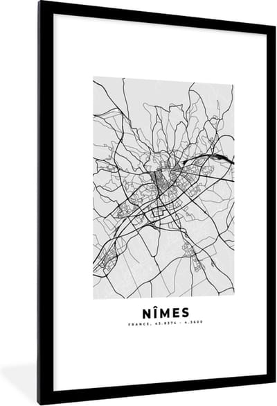 Fotolijst incl. Poster - Kaart - Stadskaart - Nîmes - Plattegrond - Frankrijk - 80x120 cm - Posterlijst