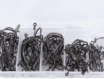 100 Stks-doos Koolstofstaal Vishaken Prikkeldraad Brede Gap Offset Jig Worm Zachte Aas Jigging Haak Voor Texas Rigs - Maat 2 #1 #1/0 #2/0 #3/0 # Zwart .