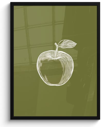 Poster in lijst - Fotolijst 50x70 cm - Posters - Lijntekening - Appel - Olijfgroen - Blaadje - Posterlijst zwart - Decoratie - Wanddecoratie woonkamer - Muurdecoratie slaapkamer