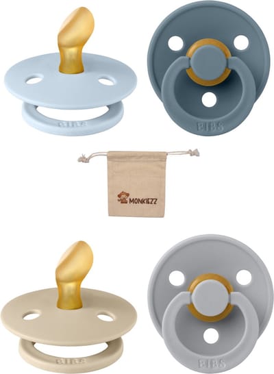 Bibs Dental fopspenen Anatomical 0-6 maanden- Set 4 stuks- Baby Blue, Petrol, Cloud, Vanilla - + Monkiezz speenzakje - orthodontisch- Anatomisch- Maat 1