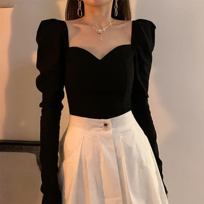 Vintage Vierkante Kraag Pofmouw Dames Blouse Zwart Sexy Elegant Temperament Lange Mouw Top Pittig Meisje V-hals Casual Zomer XXL