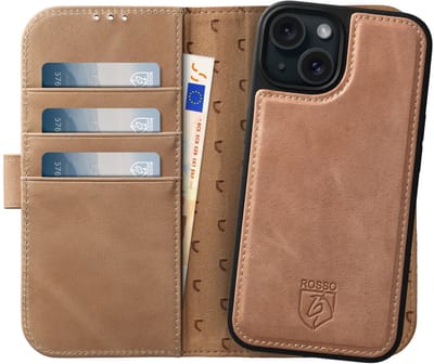 Rosso Elite Hoesje Geschikt voor Apple iPhone 15 | Compatibel met MagSafe | Book Case en Back Cover | Magnetisch Uitneembaar | Echt Leer Beschermhoes met Pasjeshouder | Lichtbruin