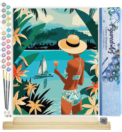 Figured'Art Schilderen op Nummer Volwassenen canvas Dame en oceaan- Handwerk acrylverf Kit DIY Compleet - 40x50cm met DIY houten lijst