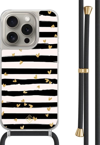 Casimoda® hoesje met zwart koord - Geschikt voor iPhone 15 Pro - Hart Streepjes - Afneembaar koord - TPU/polycarbonaat - Zwart