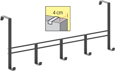 Metaltex - Kapstok voor stompe deur van 4 cm - Deurkapstok - Zwart - 5 haken - 38x6x15cm