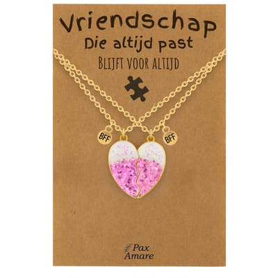 BFF Ketting voor 2 'Vriendschap die altijd past' - Roze Glitter Hartje - Vriendschapsketting op Cadeau Kaartje - 45cm + 5cm verstelbaar - Goudkleurig - Best Friends Hanger - Pax Amare