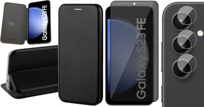 Hoesje geschikt voor Samsung Galaxy S23 FE - Privacy Screenprotector Volledig Dekkend Glas & Camera - Wallet Book Case Zwart