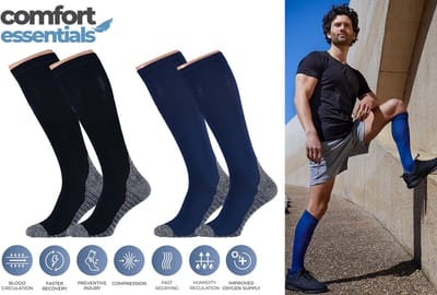 Comfort Essentials - Compressiekousen - Compressie Sokken - 2 Pack - Blauw/Zwart - Maat 35-38 - Hardloopsokken - Steunkousen - Sportsokken - Skisokken