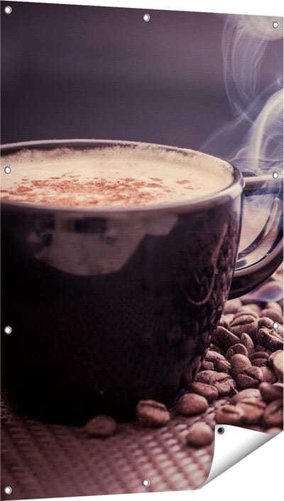 Gards Tuinposter Hete Koffie Kop met Koffiebonen - 80x120 cm - Tuindoek - Tuindecoratie - Wanddecoratie buiten - Tuinschilderij