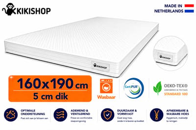 Kikishop Topdekmatras 160x190 – 5 cm HR Koudschuim – Afritsbaar & Wasbaar – CertiPUR® Gecertificeerd – Medium Hardheid – Comfort Matrastopper