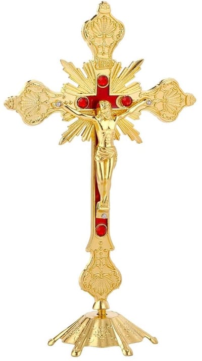 Dailygoods- Kruis 24,5 cm - Staand Kruisbeeld - Gouden Tafeldecoratie - Christelijk Interieur - Compacte Afmetingen - Hoogwaardig Vakmanschap