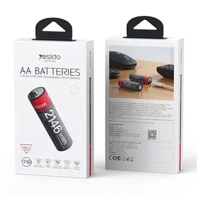 Yesido, 4x AA Batterijen Lithium 1430mAh 1.5V 2146mWh Oplaadbaar USB-C, Zwart / Rood