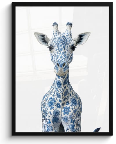 Poster in lijst - Fotolijst 50x70 cm - Posters - Giraffe - Delfts blauw - Dieren - Minimalistisch - Posterlijst zwart - Decoratie - Wanddecoratie woonkamer - Muurdecoratie slaapkamer