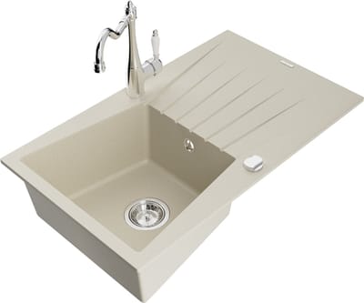 Mexen Cesar granieten spoelbak met één kom, met afdruiprek en keukenkraan Carla, beige - 6514-69-670700-00