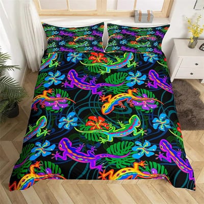 Hagedis Dekbedovertrek Set Reptiel Beddengoed Sets King Size voor Jongens Meisjes Pad Tropisch Dier Paars Bloemen Exotisch Dekbedovertrek 180x210cm 3pcs