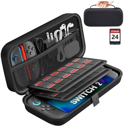 Hoesje Geschikt voor Nintendo Switch 2 - Beschermhoes Game Card Organizer - Travel Case - Opbergruimte 24 Gamecards, SD Kaarten, Oplader, Joy Cons - Opberghoes met Ritssluiting - Zwart
