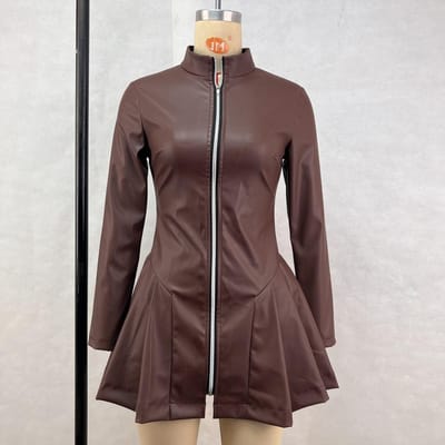 Dames Decoratieve Lange Mouw Geplooide Rok PU Leer Rits Jurk L bruin