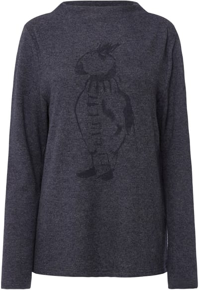 Laurasøn - Dames - Sweatshirt vogelprint opstaande kraag lange mouw ECOTEX - Marine melange - Maat L