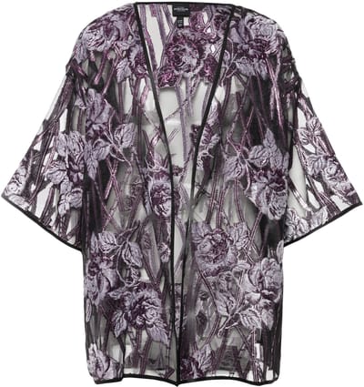 Ulla Popken - Dames - Blousejasje bloemenprint V-hals 3/4-mouwen - Donker lila - Maat 46+