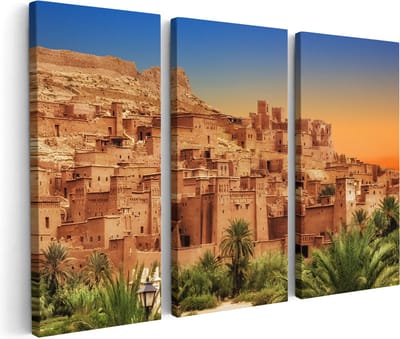 Artaza Canvas Schilderij Drieluik Kasbah Ait Ben Haddou Stad in Marokko - 180x120 cm - Groot - Wanddecoratie Woonkamer - Schilderijen - Muurdecoratie