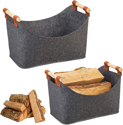 Haardhoutopslag - Houtopberging Grote vilten mand voor haardhout 55 x 32 x 40 cm met handvat - donkergrijs
