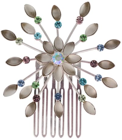 Haarsoires Haarspeld Sierkam Opsteekkam 6cm - Waaiervorm Rond - Steentjes - Metaal - Zilver - Multicolor Grijs - Haarversierkam - Haar Versiering