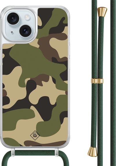 Casimoda® hoesje met groen koord - Geschikt voor iPhone 15 - Camouflage - Afneembaar koord - TPU/acryl - Groen