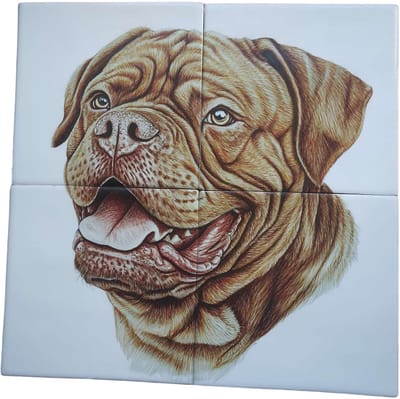 MadDeco Nederlands fabrikaat Bordeauxdog op plateau van 4 tegels Friese Witjes 13 x 13 cm per tegel