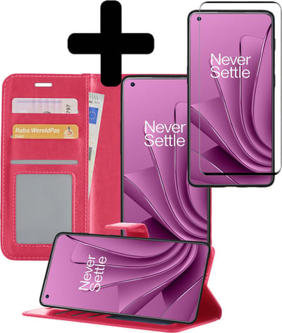 Hoesje - Met Screenprotector - Geschikt voor OnePlus 10 Pro - Luxe Pasjeshouder - Bookcase Portemonee - Flip Case - Kunstleer Book Case - Flipcase - Book Cover - Walletcase - Portemonneehoes - Telefoonhoesjes - Donkerroze