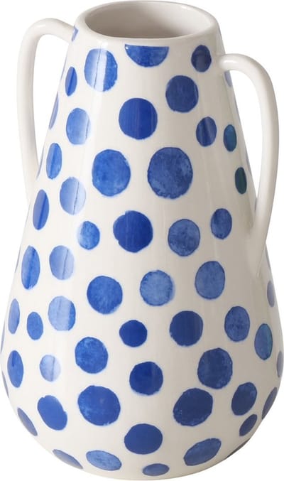 Modern vaasje wit met blauwe stippen keramiek 17 cm