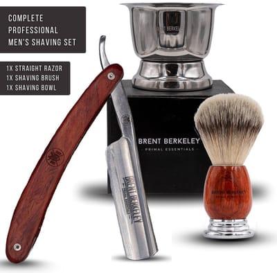 Brent Berkeley® Straight Razor Scheerset Professional - Klassiek Open Scheermes met Scheerkom & Scheerkwast