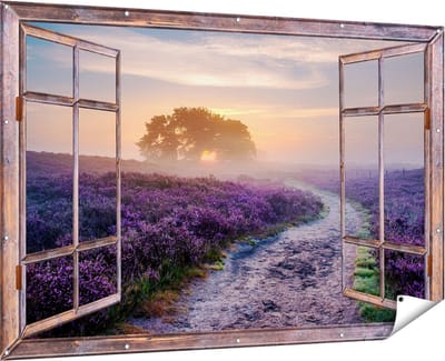 Gards Tuinposter Doorkijk Pad in de Weide van de Veluwe - 180x120 cm - Tuindoek - Tuindecoratie - Wanddecoratie buiten - Tuinschilderij