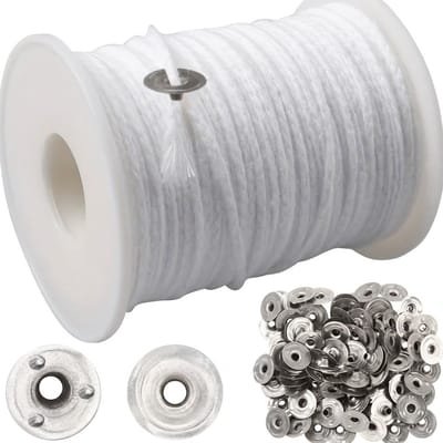 Witte kaarslonten rol kaarslonten set voor kaars maken dames en heren met metalen houders 61 meter lont draad 24 lagen inclusief bevestigings plaatjes DIY kaarsen maken accessoires
