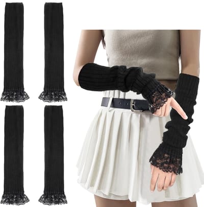 2 paar Armwarmers voor lange mouwen zonder vingers, Vingerloze armwarmers voor dames, Zwart armwarmers van zacht fleece, handwarmers voor de winter, feest, dagelijks leven, club gebreide kant armmouw - Cyslmuk®