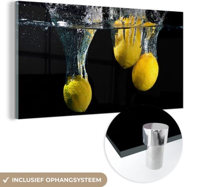 MuchoWow® Glasschilderij 120x60 cm - Schilderij acrylglas - Citroen - Fruit - Stilleven - Water - Geel - Foto op glas - Schilderijen