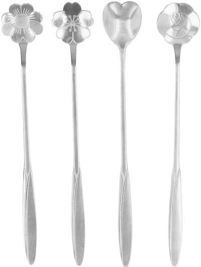 Dailygoods- Koffielepels Set 4 Stuks - Roestvrij Staal - 18 cm - Ergonomische Handgreep - Bloemvorm Ontwerp - Geschikt voor Koffie/Dessert - Theelepels