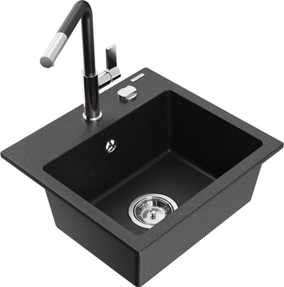 Mexen Milo granieten spoelbak met 1 kom en Flora keukenmengkraan, zwart/gouden metallic - 6505-75-670401-07