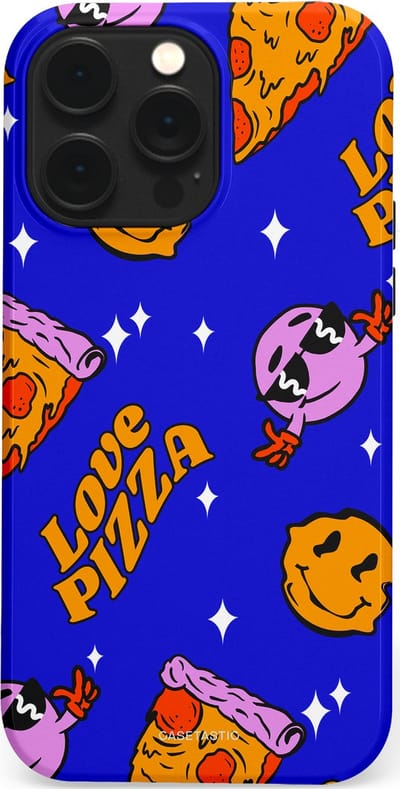Casetastic hoesje geschikt voor Apple iPhone 14 Pro Max - MagSafe - Dubbellaagse bescherming - Funky Pizza - Fashion Case - Paars Okergeel Donkerblauw Bruin