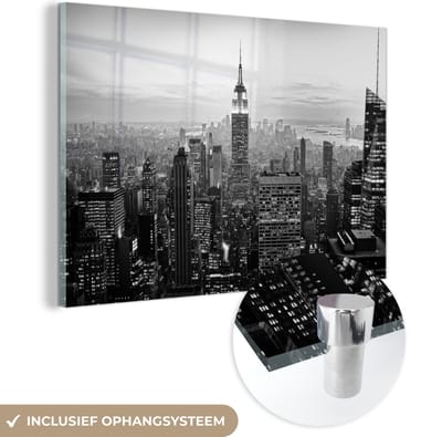 MuchoWow® Glasschilderij 60x40 cm - Schilderij acrylglas - New York City zwart-wit fotoprint - Foto op glas - Schilderijen