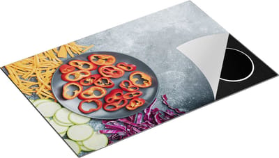 Chefcare Inductie Beschermer Gesneden Groente op Grijze Marmer - Groentes - 80x50 cm - Afdekplaat Inductie - Kookplaat Beschermer - Inductie Mat
