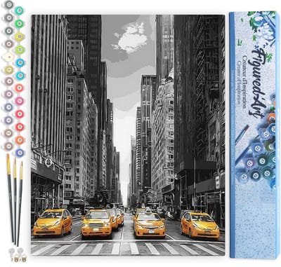 Figured'Art Schilderen op Nummer Volwassenen canvas Moderne stad en gele taxi's - Handwerk acrylverf Kit DIY Compleet - 40x50cm zonder frame